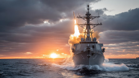 A naval destroyer cuts through waves as it fires a missile into the sky. Dark clouds hang overhead while the sun sets, creating a dramatic backdrop for this military exercise.の素材