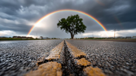 A vibrant rainbow arcs over a deserted road, where tire marks and cracks are visible. A lone tree stands tall against a backdrop of dark clouds, showing nature's beauty after rain.の素材