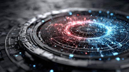 A mesmerizing spiral pattern combines vivid red and blue hues with glowing points, creating an enchanting visual effect in an abstract digital landscape.の素材