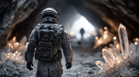 An astronaut in a space suit stands in a dimly lit cave filled with large, sparkling crystals. Another figure can be seen in the background, enhancing the enigmatic atmosphere.の素材