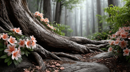 In a serene forest, vibrant flowers grow around a sturdy tree trunk, illuminated by soft morning light filtering through the misty foliage, creating a peaceful atmosphere.の素材