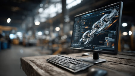 A workspace featuring a computer displaying a digital chain design, surrounded by an industrial environment. The scene is well-lit, showcasing machinery in the background.の素材