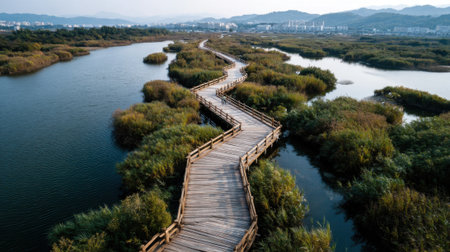 A wooden walkway winds through vibrant wetlands filled with greenery under a clear sky, inviting visitors to explore the tranquil natural environment.の素材