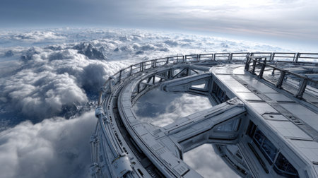 A sleek observation platform hovers above dense clouds, showcasing a futuristic design. The vast sky and distant mountains create a breathtaking view on a clear day.の素材