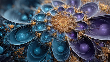 A detailed fractal design resembling a flower features a blend of blue and purple hues, intertwined with golden elements, showing digital artistry and mathematical beauty.の素材