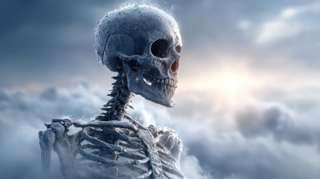 A detailed skeleton stands amidst soft clouds, looking toward a bright horizon as the sun rises, casting an ethereal glow on its bony structure.の素材