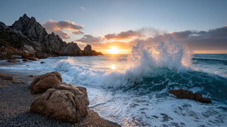 Colorful sunset lights up the sky above rocky cliffs while waves crash on the sandy shore along the Pacific Ocean. The scene captures the beauty of nature at dusk.の素材