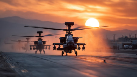 Two military helicopters are lined up on a runway, kicking up dust as they prepare for takeoff at sunset in a desert landscape. The sun casts a warm glow over the scene.の素材