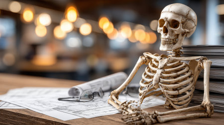 A skeleton is positioned at a wooden desk surrounded by rolled blueprints and reading glasses in a bright, modern workspace. Soft lighting accentuates the atmosphere.の素材