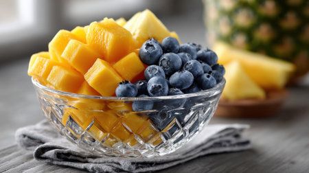 A bowl filled with vibrant yellow mango pieces and dark blue blueberries sits on a textured gray cloth. Sunlight filters through a window, illuminating the fresh fruit in a modern kitchen.の素材