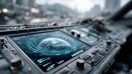 A high-tech cockpit is shown with a detailed digital display showing a globe and various data. In the background, a modern city skyline is visible under a cloudy sky.の素材