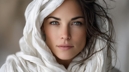 Soft light illuminates a woman with striking green eyes and a serene expression, her hair slightly tousled and partially hidden by a flowing white scarf that adds elegance.の素材