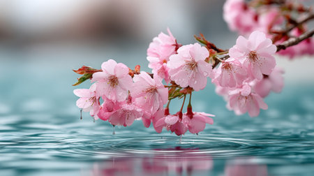 A branch adorned with delicate pink cherry blossoms hangs over a serene pond, as raindrops gently splash the surface, creating ripples in the calm water.の素材