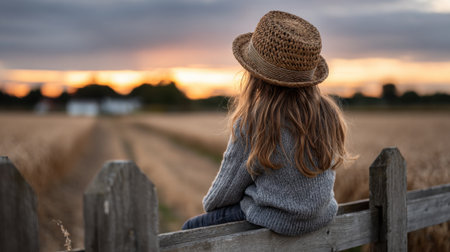 A girl in a cozy sweater and straw hat sits on a wooden fence, gazing at a vibrant sunset illuminating the fields. The tranquil countryside provides a serene backdrop.の素材