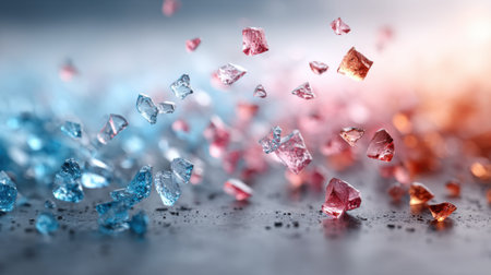 Bright blue and red crystals are scattered across a polished surface, creating an eye-catching visual effect. The light reflects off the shards, enhancing their colors and brilliance.の素材
