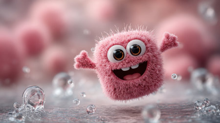 A cheerful pink creature with large eyes and fluffy texture joyfully leaps among shimmering bubbles, creating a lighthearted atmosphere filled with fun and playfulness.の素材