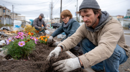 Volunteers work together to plant flowers in an urban setting, enhancing the environment following a recent cleanup initiative on a cloudy afternoon.の素材