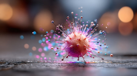 A vivid virus particle adorned with spikes is showcased on a dark, textured surface. The background features warm bokeh lights that enhance the colorful display.の素材