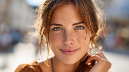 A young woman with bright blue eyes and freckles smiles at the camera. She is outdoors in an urban area, enjoying the sunshine during late afternoon in summer.の素材