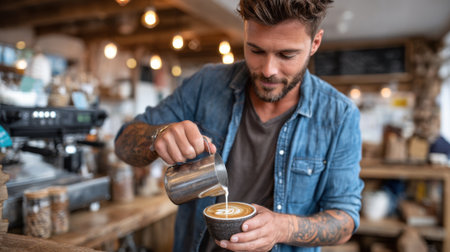 A man with tattoos in a denim shirt expertly pours steamed milk into a cup, creating intricate latte art in a busy coffee shop filled with warm lighting and wooden decor.の素材