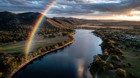 A vibrant rainbow extends across the sky as the sun sets, casting warm hues over a tranquil river surrounded by lush green hills and a peaceful town.の素材