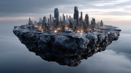 A floating city hovers in the sky, featuring sleek skyscrapers and luminous lights. The structure is surrounded by soft clouds during dusk, creating a surreal atmosphere.の素材