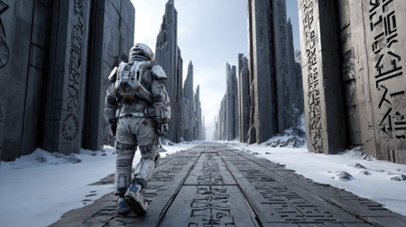 An astronaut walks through a frozen, desolate landscape filled with towering stone structures covered in alien inscriptions. Snow blankets the ground as the sky remains overcast.の素材