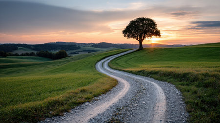 A gravel road curves gently through lush green fields under a colorful sky at sunset. A large tree stands tall on the horizon, adding to the serene landscape.の素材