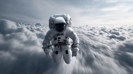 An astronaut gracefully floats amidst a sea of white clouds, showing an extraordinary moment of exploration high above Earth.の素材