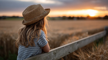 A young girl stands on a wooden fence, enjoying a serene sunset. The sky is filled with warm colors while the golden wheat field stretches into the distance, creating a peaceful atmosphere.の素材