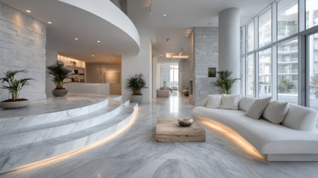 A spacious living area showcases sleek marble flooring and large windows providing natural light. Stylish furniture and indoor plants enhance the modern aesthetic and invite relaxation.の素材