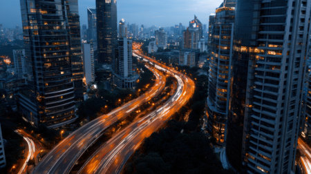 A vibrant city skyline at dusk, with illuminated skyscrapers lining a winding highway. The scene reflects the energetic atmosphere of urban life as night begins to fall.の素材