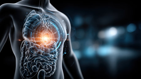 Detailed depiction of human anatomy showcasing the brain and digestive system with glowing elements in a dark, futuristic environment.の素材
