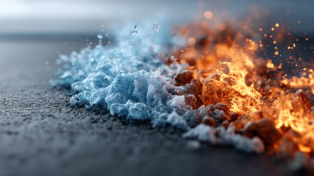 Fire and ice collide in a striking digital artwork, showing vivid flames on one side and cool ice crystals on the other, highlighting the contrast in temperature and texture.の素材