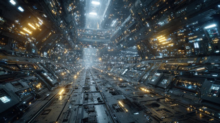 A long corridor filled with glowing lights and complex designs stretches into the distance, creating a sense of depth in a futuristic sci-fi setting. The atmosphere is mysterious and high-tech.の素材
