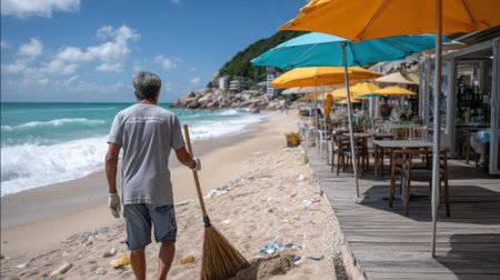 A dedicated worker cleans the beach with a broom, surrounded by colorful umbrellas and beachside tables. Waves crash gently as the sun shines brightly in this serene coastal setting.の素材