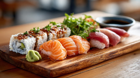 Delicious assortment of sushi featuring colorful nigiri and maki rolls presented on a wooden platter. Wasabi and dipping sauce accompany the meal in a warm, inviting atmosphere.の素材