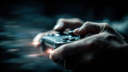Hands grip a gaming controller tightly, immersed in an intense gaming session. The background displays dynamic lighting, enhancing the excitement of the gameplay environment.の素材