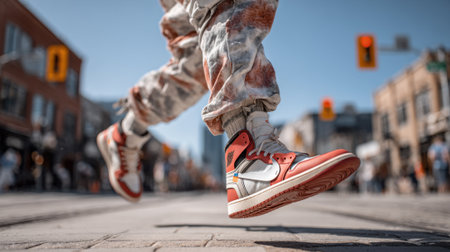 A person wearing colorful sneakers and patterned pants strides confidently through a lively urban street, surrounded by an energetic atmosphere and blurred pedestrians.の素材