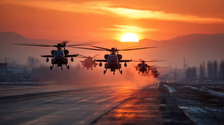 Helicopters lift off from a military airbase as the sun sets over the horizon, casting a warm glow across the runway and highlighting the surrounding mountains.の素材