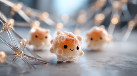 Whimsical microorganisms are playfully arranged on a shiny surface, surrounded by a network of sparkling connections, evoking a cheerful and vibrant atmosphere.の素材