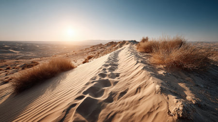 Footprints mark a path on a gently sloping sand dune as the sun sets, casting warm light across the expansive desert horizon. Sparse vegetation clings to the arid surroundings.の素材