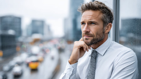 A man in formal attire stands near a window, gazing thoughtfully into the distance. Rain glistens against the glass while city traffic moves below, creating a contemplative atmosphere.の素材
