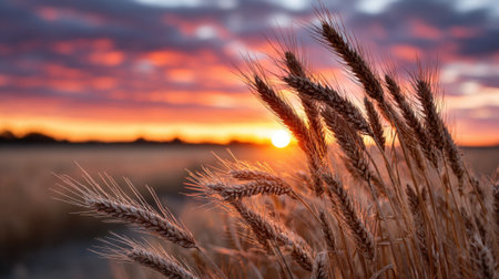 Wheat stalks sway gently as the sun sets on the horizon, painting the sky with hues of orange and purple. The serene countryside offers a peaceful atmosphere.の素材