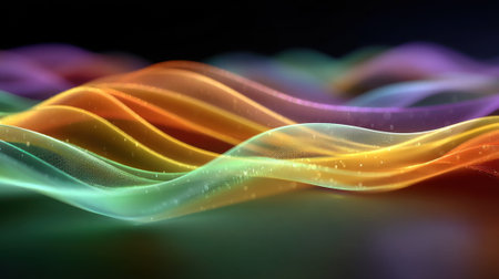 Bright, colorful waves made of translucent material move elegantly against a dark backdrop, creating an eye-catching visual effect that highlights fluidity and luminosity.の素材