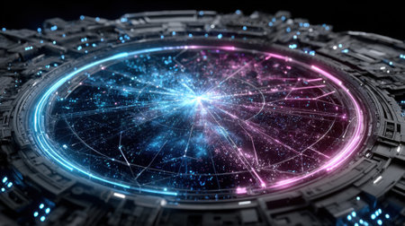 A swirling cosmic portal radiates bright blue and pink energy, surrounded by a detailed futuristic structure; the vibrant universe appears to be in motion, creating an otherworldly atmosphere.の素材
