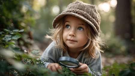 A young child is on the forest floor, closely examining plants with a magnifying glass. Sunlight filters through the trees, creating a warm atmosphere as the child curiously investigates.の素材