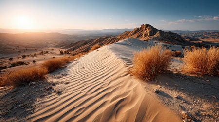 Golden sunlight illuminates sand dunes, creating intricate patterns as the sun sets behind distant mountains. A calm atmosphere envelops the vast desert landscape.の素材