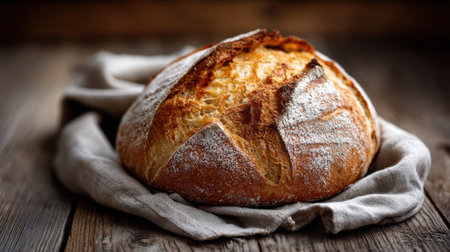 Warm, golden artisanal bread sits on a soft cloth in a cozy kitchen. The crust is perfectly browned, showing a delightful texture. This bread is ready to be enjoyed.の素材