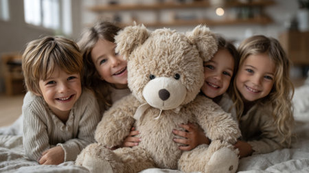 Four children smile brightly as they cuddle a soft toy bear, enjoying a warm and cozy afternoon together in their living room, surrounded by a serene atmosphere.の素材